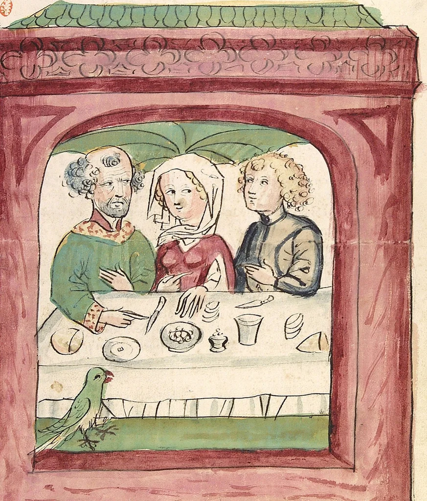 An illustration from Historia septem sapientum, dt. ; Martinus Oppaviensis: Chronicon pontificum et imperatorum, dt., 1450, leaf 181