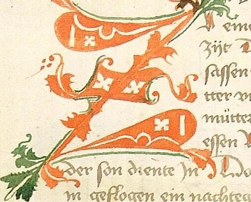 An illustration from Historia septem sapientum, dt. ; Martinus Oppaviensis: Chronicon pontificum et imperatorum, dt., 1450, leaf 182