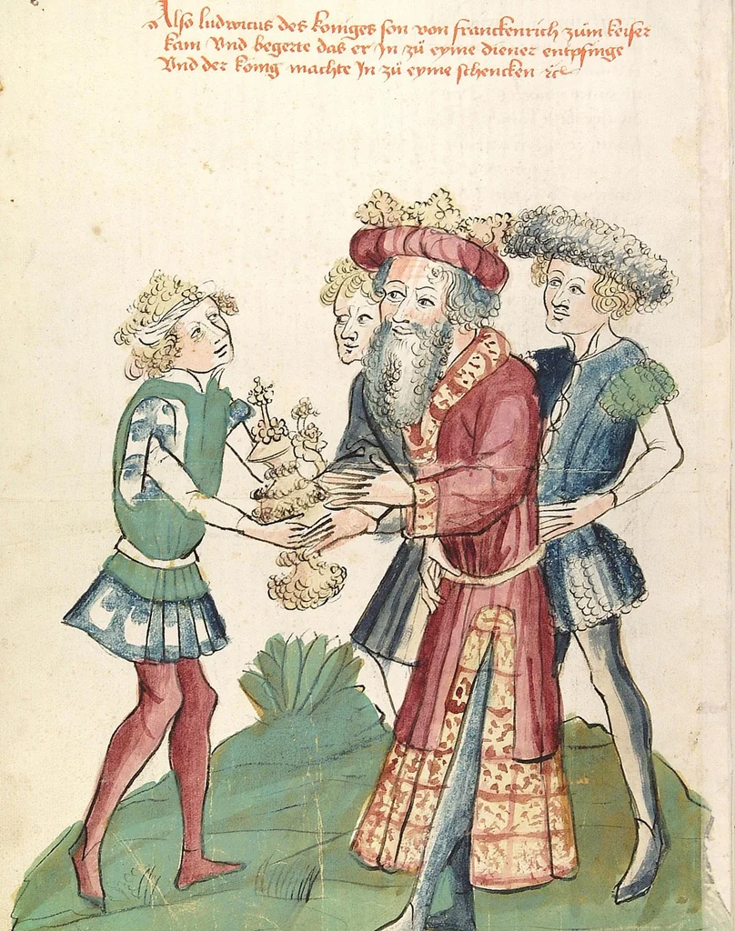 An illustration from Historia septem sapientum, dt. ; Martinus Oppaviensis: Chronicon pontificum et imperatorum, dt., 1450, leaf 192