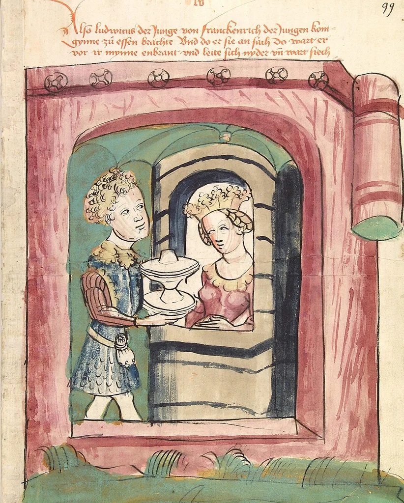 An illustration from Historia septem sapientum, dt. ; Martinus Oppaviensis: Chronicon pontificum et imperatorum, dt., 1450, leaf 195