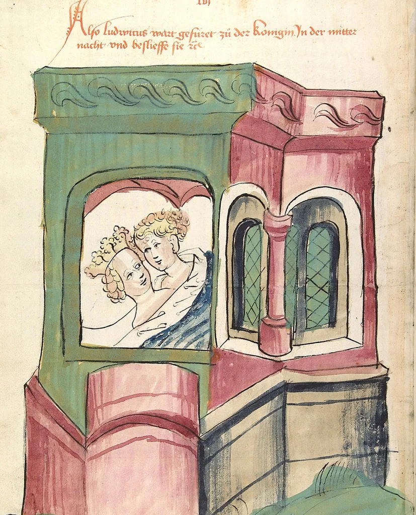 An illustration from Historia septem sapientum, dt. ; Martinus Oppaviensis: Chronicon pontificum et imperatorum, dt., 1450, leaf 198