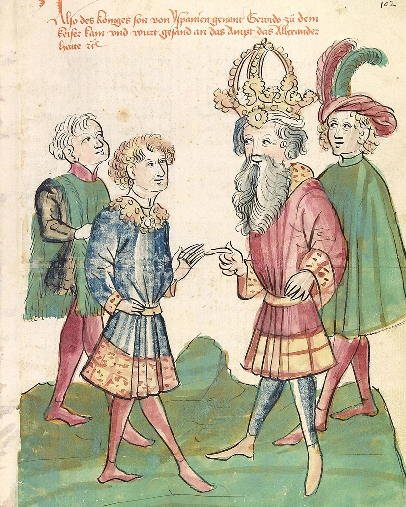 An illustration from Historia septem sapientum, dt. ; Martinus Oppaviensis: Chronicon pontificum et imperatorum, dt., 1450, leaf 201