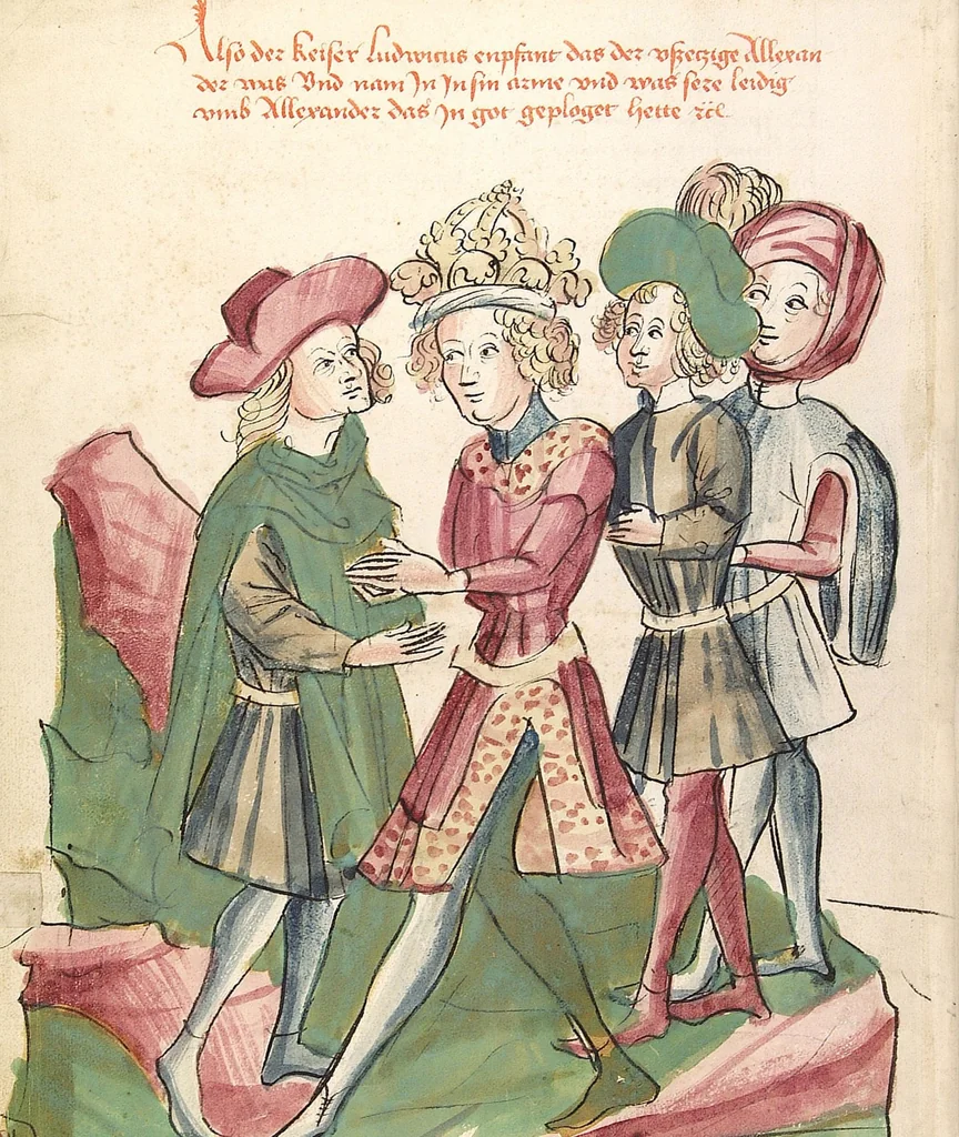 An illustration from Historia septem sapientum, dt. ; Martinus Oppaviensis: Chronicon pontificum et imperatorum, dt., 1450, leaf 214