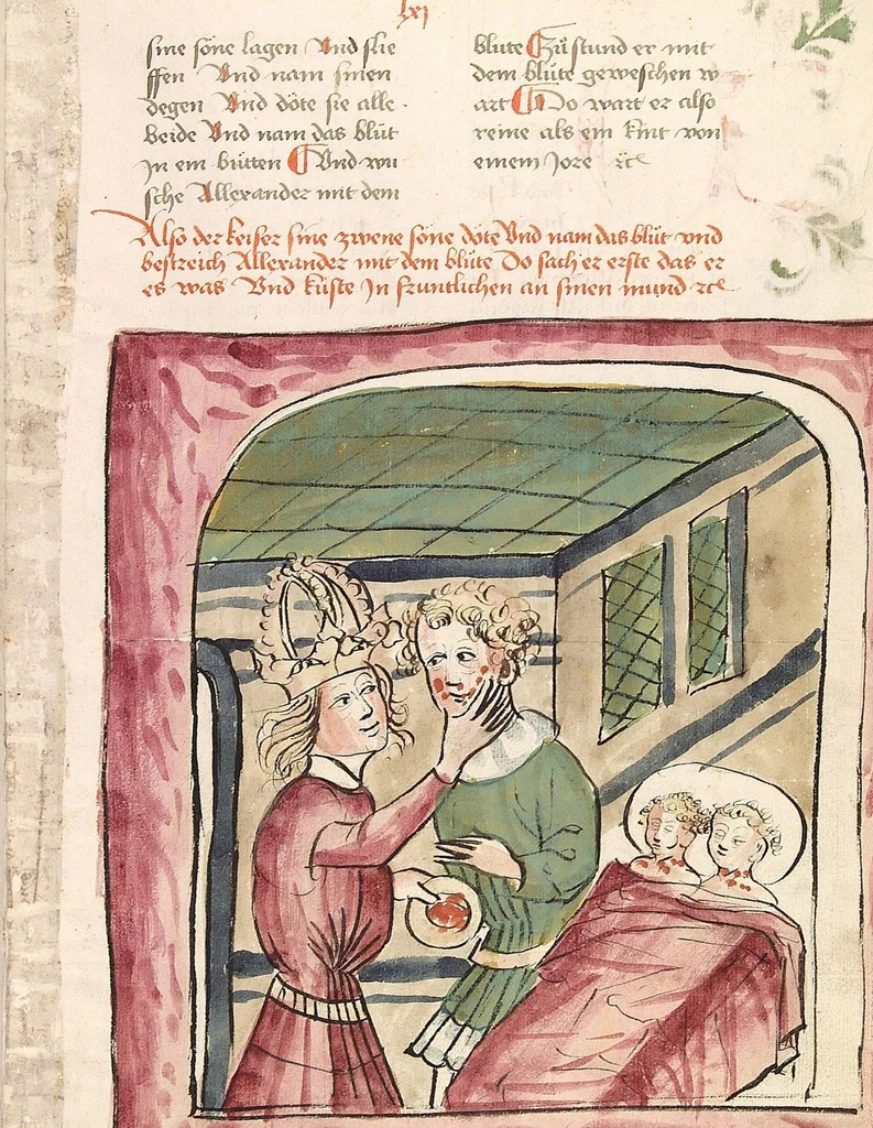 An illustration from Historia septem sapientum, dt. ; Martinus Oppaviensis: Chronicon pontificum et imperatorum, dt., 1450, leaf 217