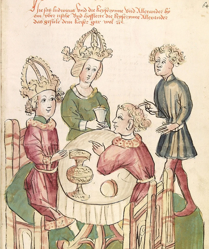 An illustration from Historia septem sapientum, dt. ; Martinus Oppaviensis: Chronicon pontificum et imperatorum, dt., 1450, leaf 219