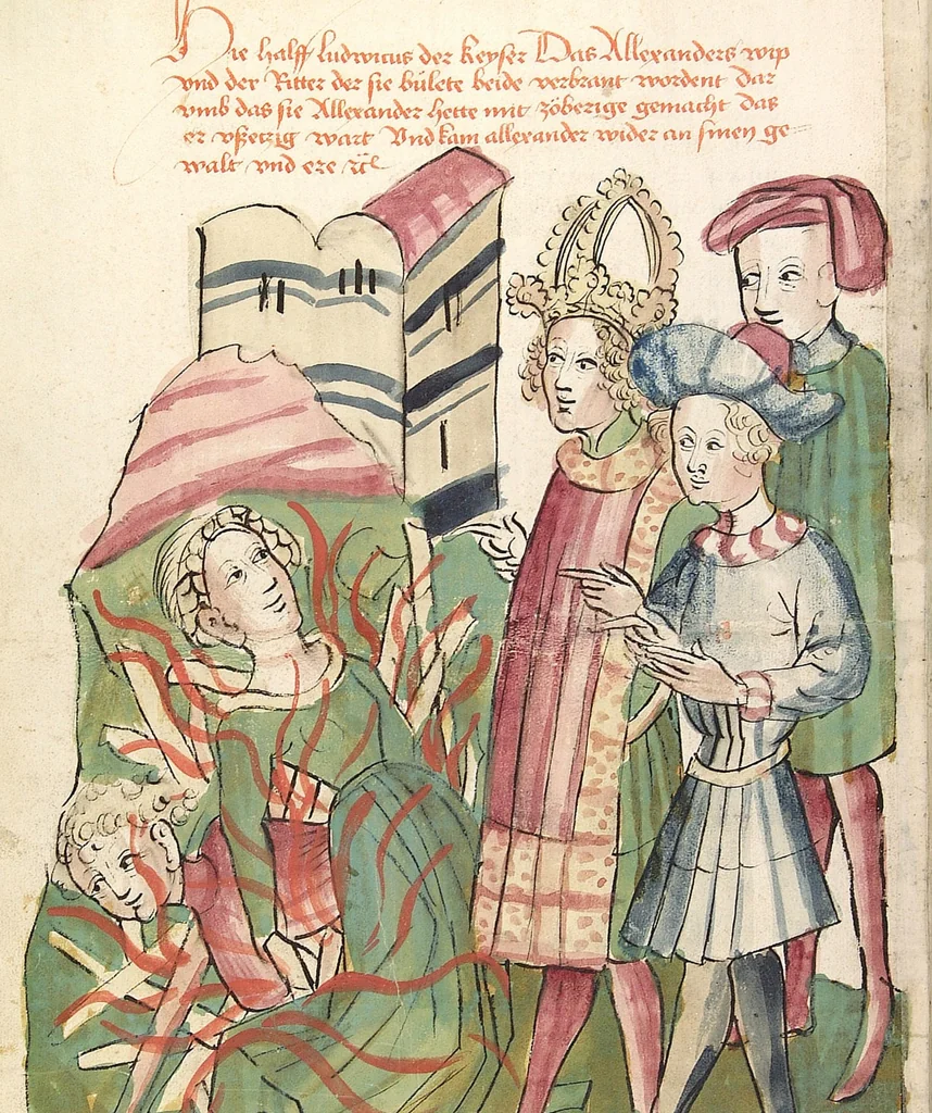 An illustration from Historia septem sapientum, dt. ; Martinus Oppaviensis: Chronicon pontificum et imperatorum, dt., 1450, leaf 222