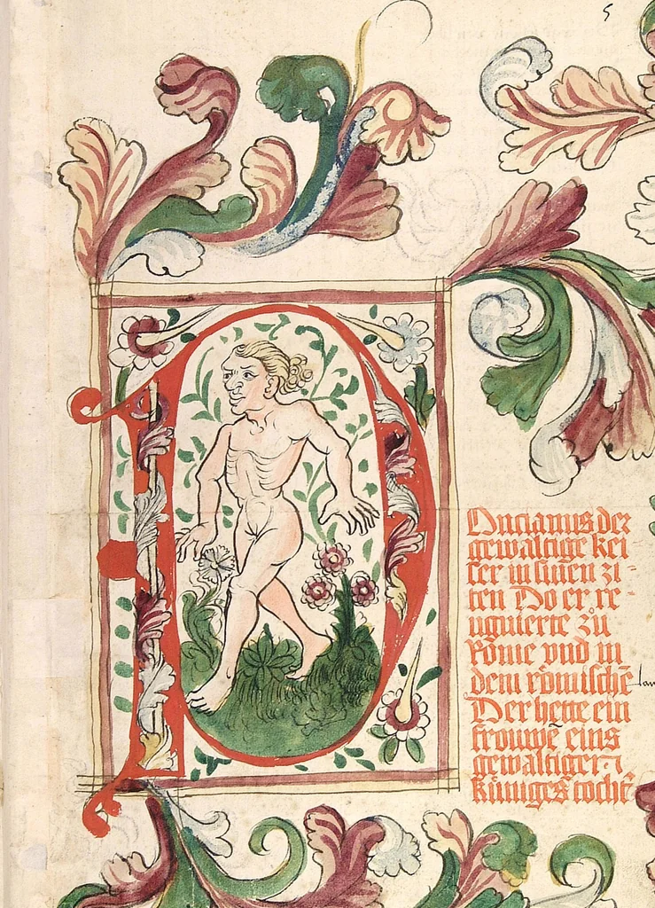 An illustration from Historia septem sapientum, dt. ; Martinus Oppaviensis: Chronicon pontificum et imperatorum, dt., 1450, leaf 23