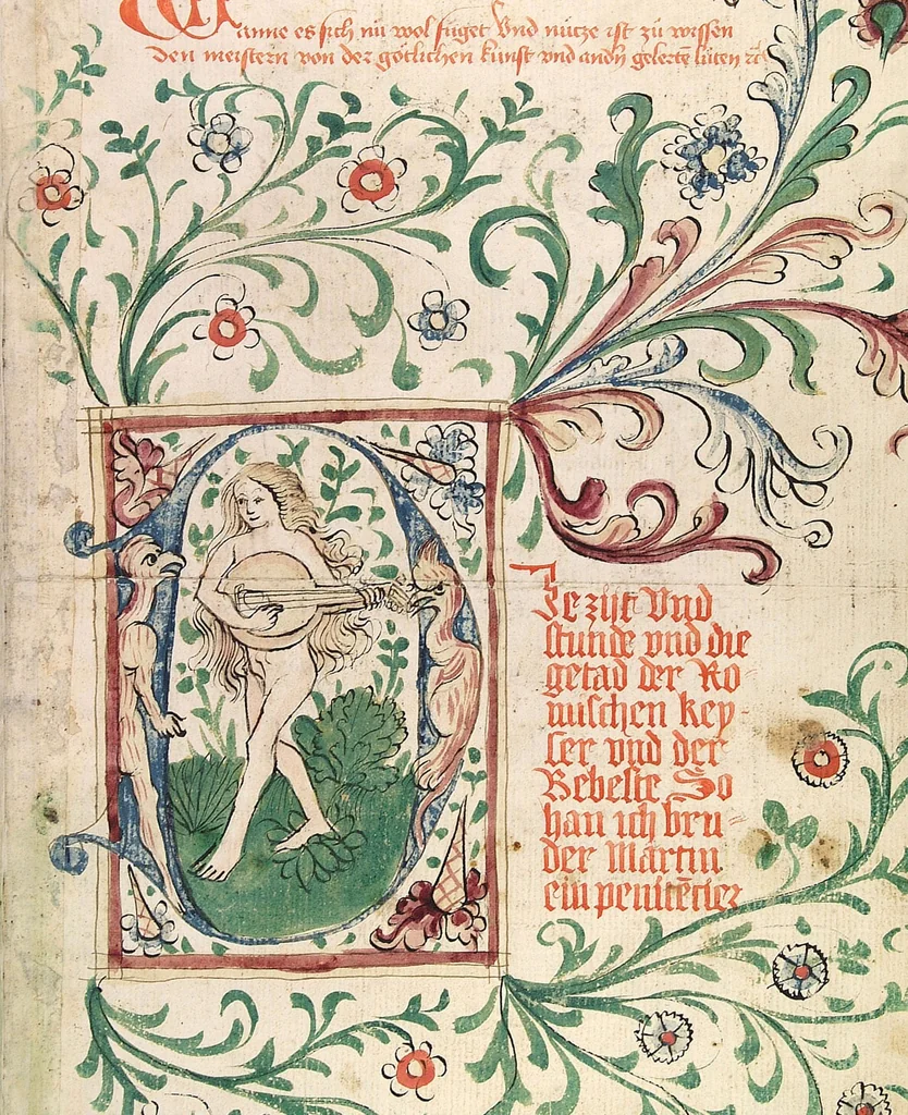 An illustration from Historia septem sapientum, dt. ; Martinus Oppaviensis: Chronicon pontificum et imperatorum, dt., 1450, leaf 245