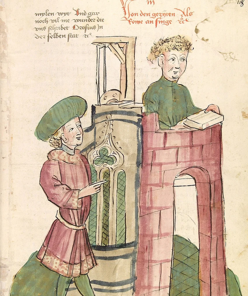 An illustration from Historia septem sapientum, dt. ; Martinus Oppaviensis: Chronicon pontificum et imperatorum, dt., 1450, leaf 249