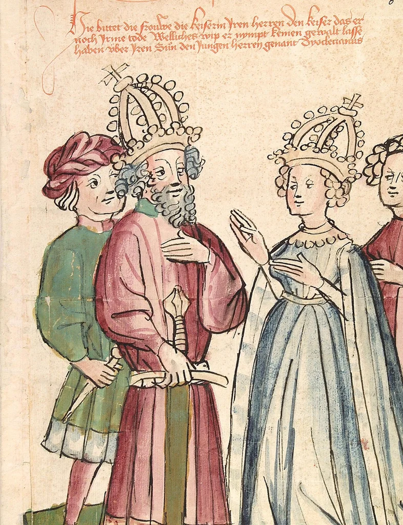 An illustration from Historia septem sapientum, dt. ; Martinus Oppaviensis: Chronicon pontificum et imperatorum, dt., 1450, leaf 25