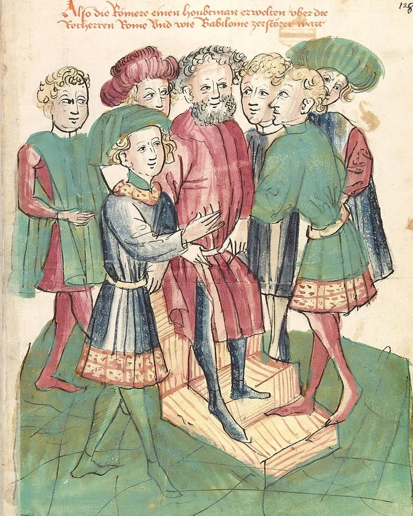 An illustration from Historia septem sapientum, dt. ; Martinus Oppaviensis: Chronicon pontificum et imperatorum, dt., 1450, leaf 269