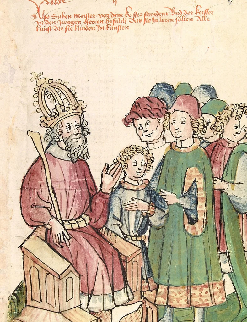 An illustration from Historia septem sapientum, dt. ; Martinus Oppaviensis: Chronicon pontificum et imperatorum, dt., 1450, leaf 27