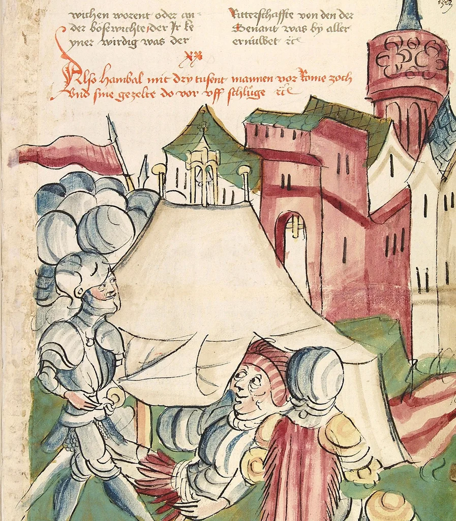 An illustration from Historia septem sapientum, dt. ; Martinus Oppaviensis: Chronicon pontificum et imperatorum, dt., 1450, leaf 279