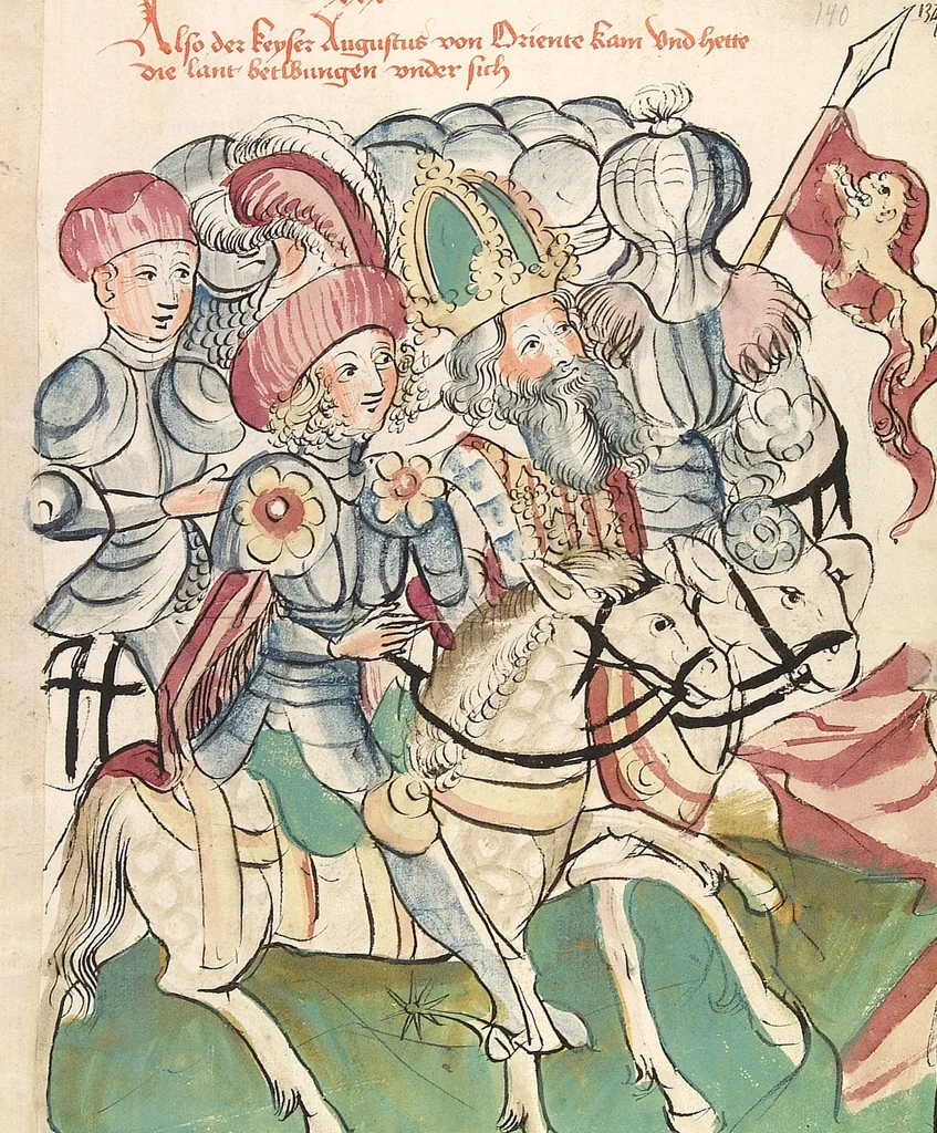 An illustration from Historia septem sapientum, dt. ; Martinus Oppaviensis: Chronicon pontificum et imperatorum, dt., 1450, leaf 293