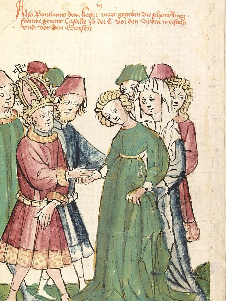 An illustration from Historia septem sapientum, dt. ; Martinus Oppaviensis: Chronicon pontificum et imperatorum, dt., 1450, leaf 30