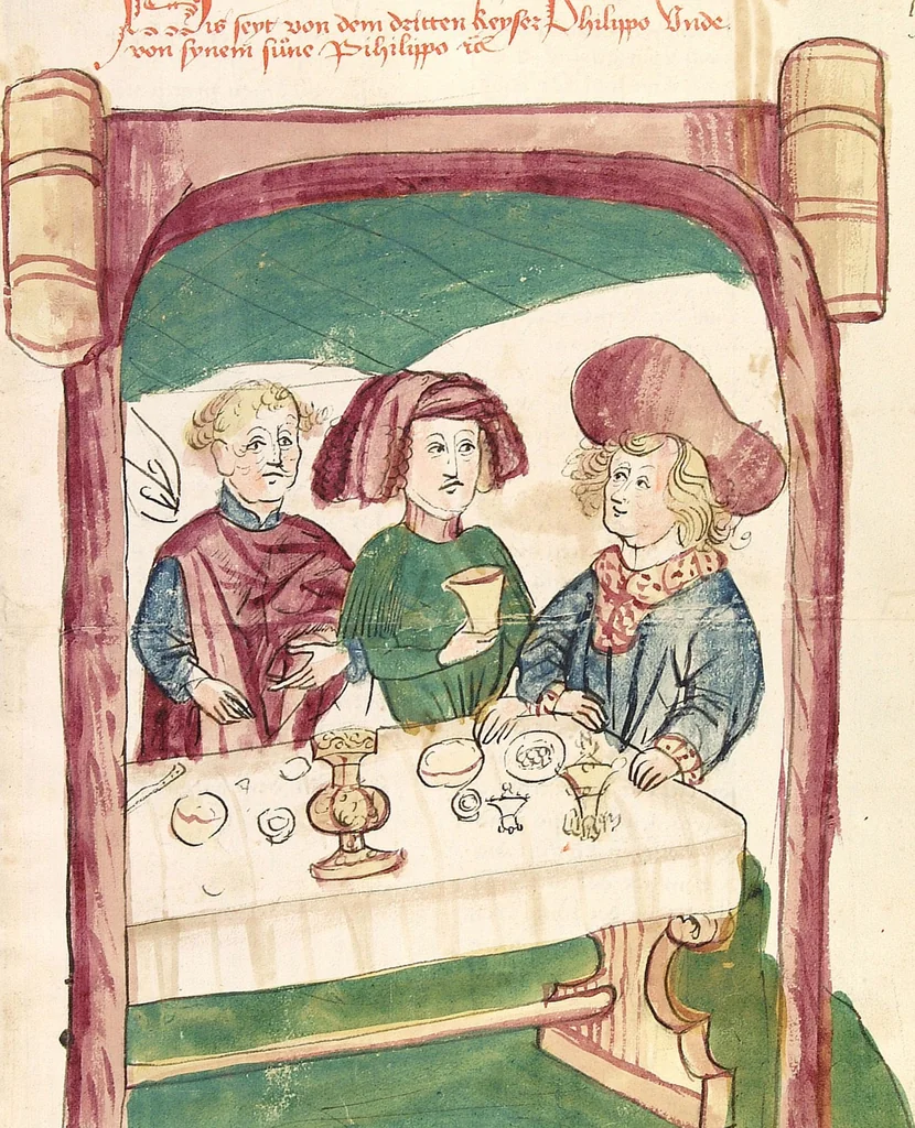 An illustration from Historia septem sapientum, dt. ; Martinus Oppaviensis: Chronicon pontificum et imperatorum, dt., 1450, leaf 319