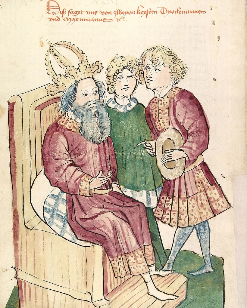 An illustration from Historia septem sapientum, dt. ; Martinus Oppaviensis: Chronicon pontificum et imperatorum, dt., 1450, leaf 324