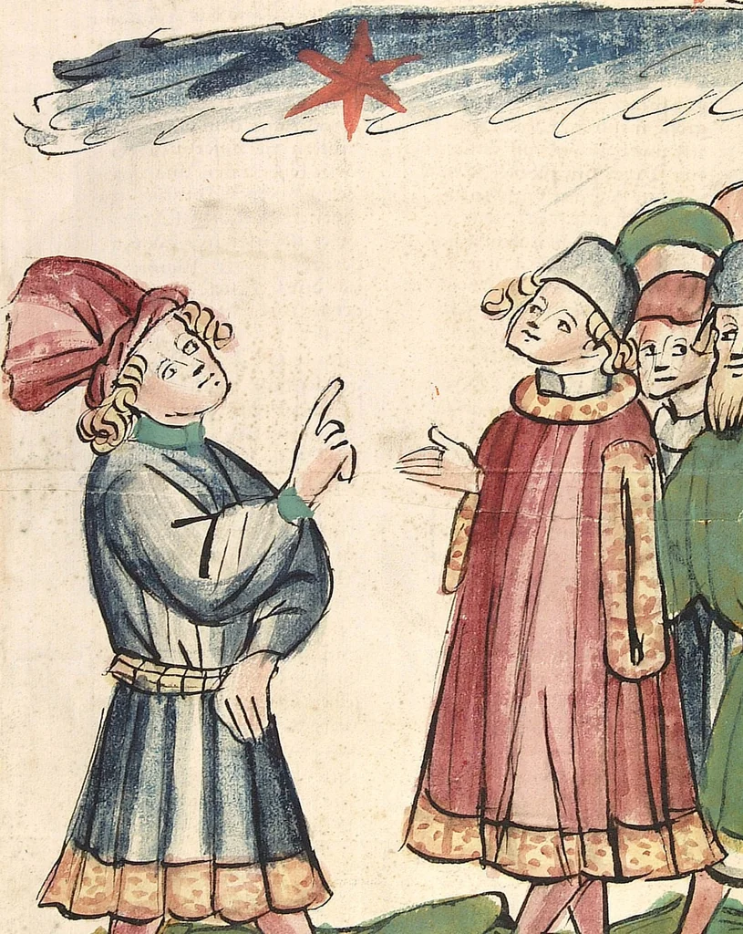 An illustration from Historia septem sapientum, dt. ; Martinus Oppaviensis: Chronicon pontificum et imperatorum, dt., 1450, leaf 33