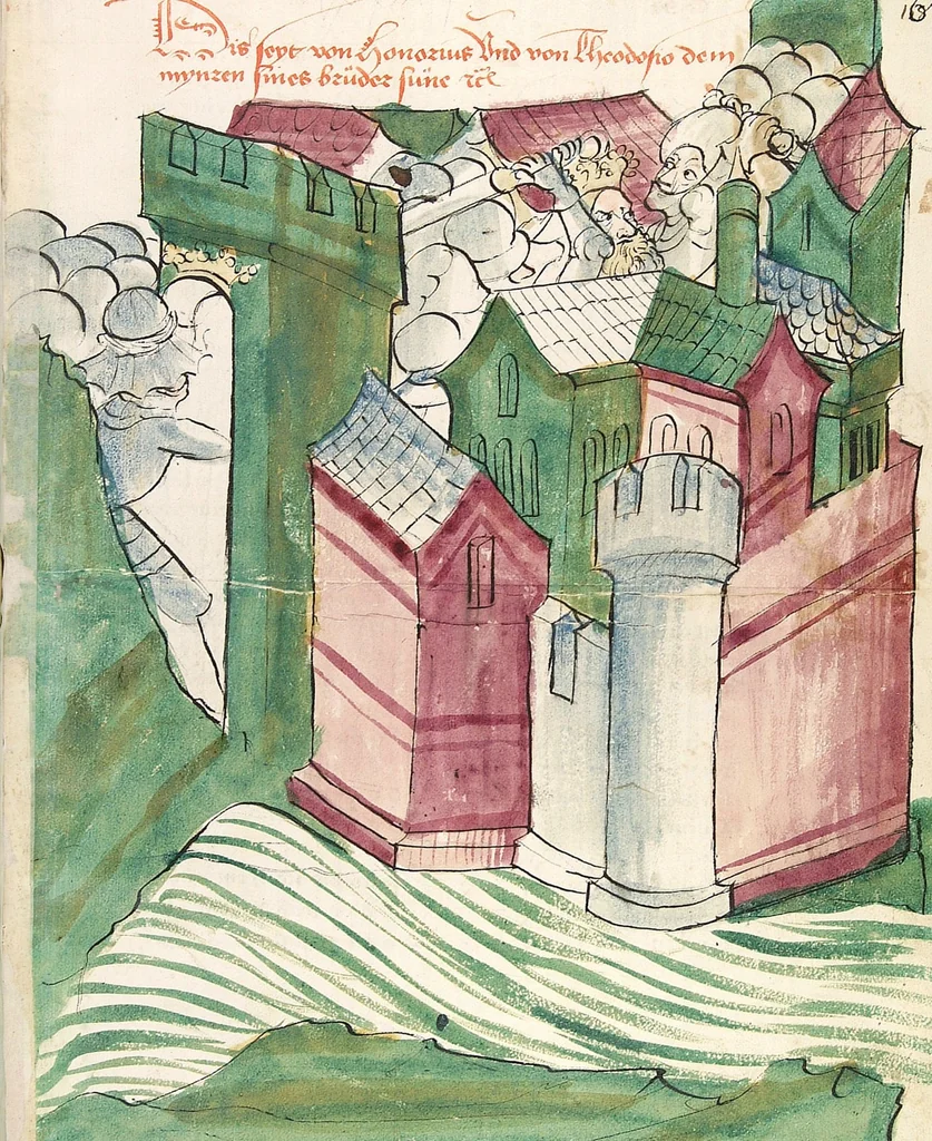 An illustration from Historia septem sapientum, dt. ; Martinus Oppaviensis: Chronicon pontificum et imperatorum, dt., 1450, leaf 337