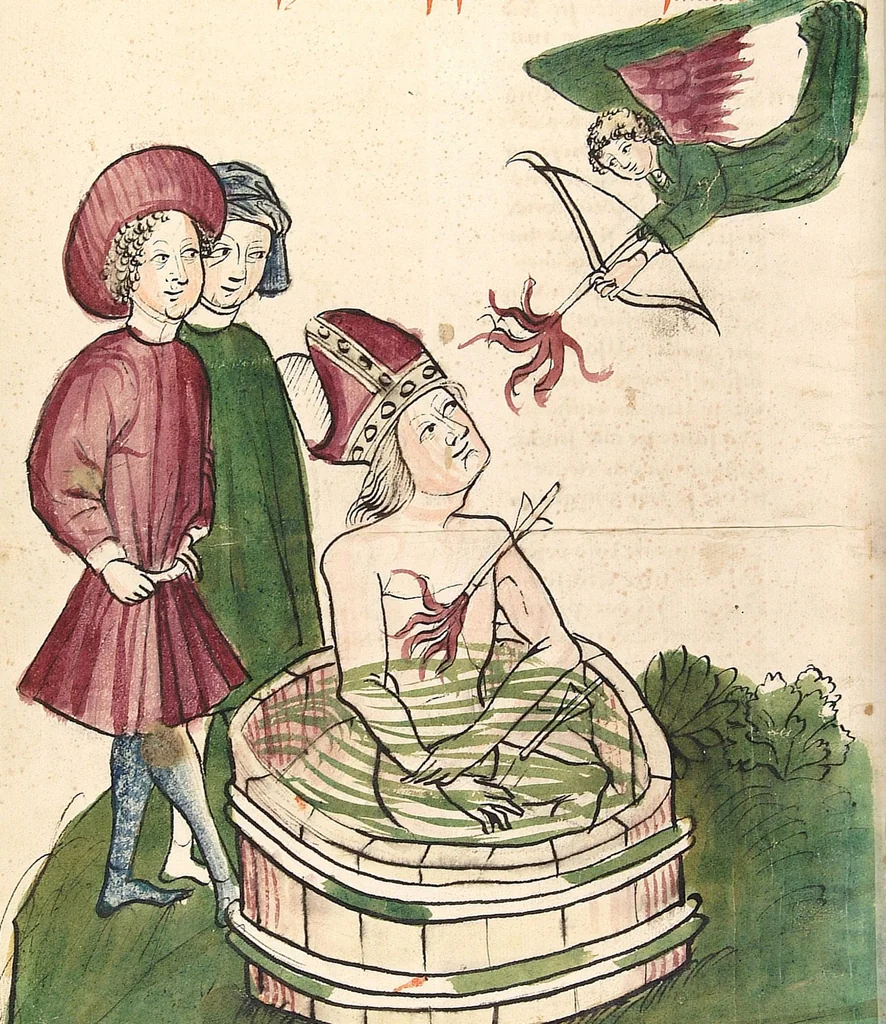 An illustration from Historia septem sapientum, dt. ; Martinus Oppaviensis: Chronicon pontificum et imperatorum, dt., 1450, leaf 346