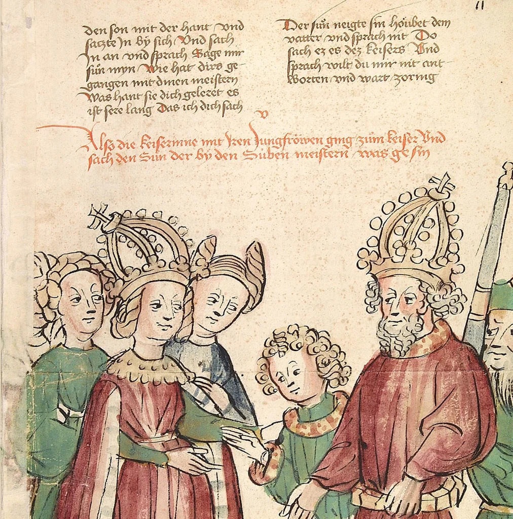 An illustration from Historia septem sapientum, dt. ; Martinus Oppaviensis: Chronicon pontificum et imperatorum, dt., 1450, leaf 35