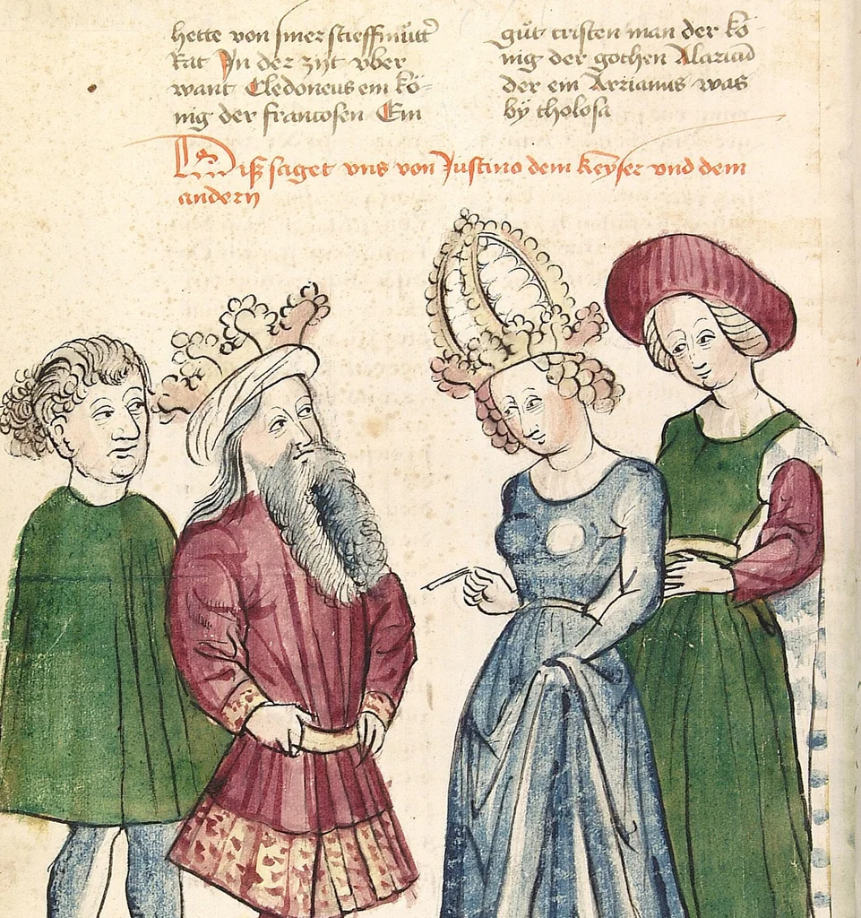 An illustration from Historia septem sapientum, dt. ; Martinus Oppaviensis: Chronicon pontificum et imperatorum, dt., 1450, leaf 352
