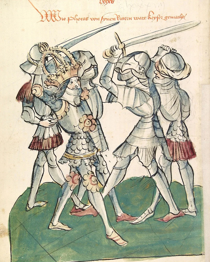 An illustration from Historia septem sapientum, dt. ; Martinus Oppaviensis: Chronicon pontificum et imperatorum, dt., 1450, leaf 358