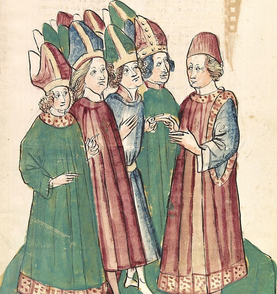 An illustration from Historia septem sapientum, dt. ; Martinus Oppaviensis: Chronicon pontificum et imperatorum, dt., 1450, leaf 365
