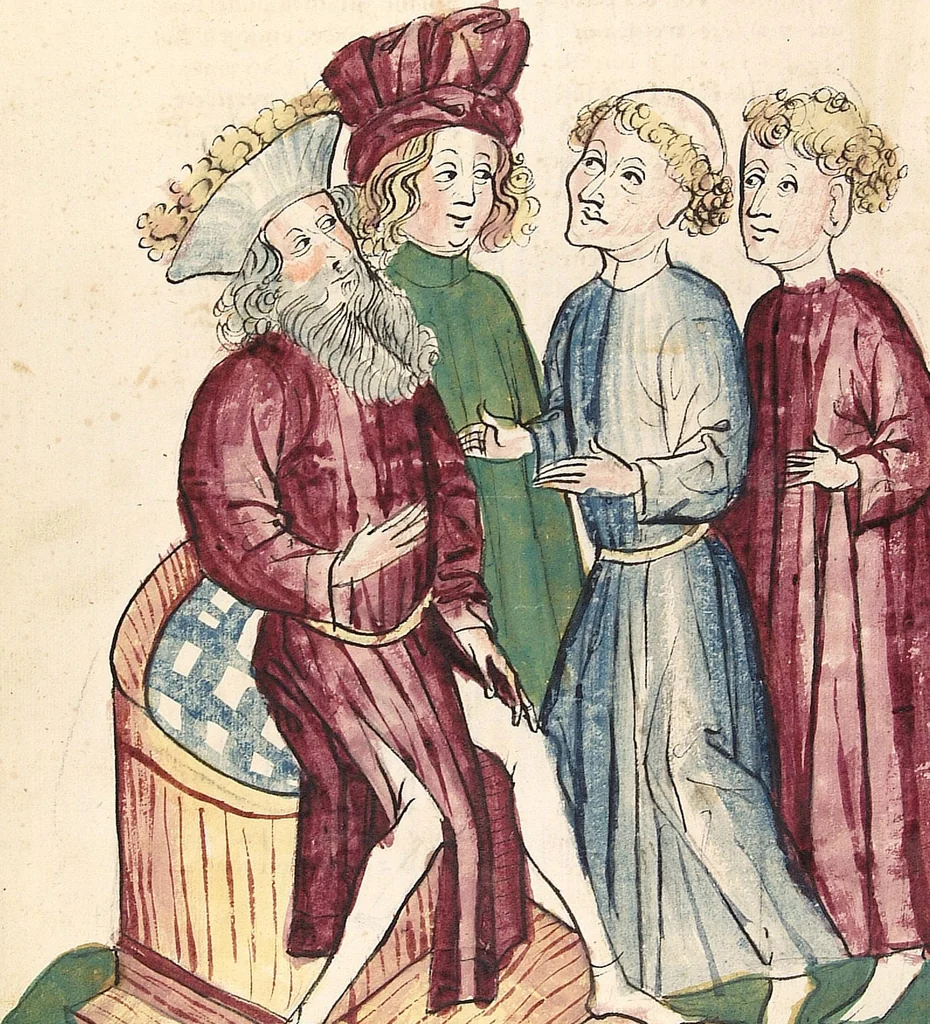 An illustration from Historia septem sapientum, dt. ; Martinus Oppaviensis: Chronicon pontificum et imperatorum, dt., 1450, leaf 372