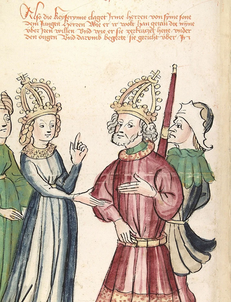 An illustration from Historia septem sapientum, dt. ; Martinus Oppaviensis: Chronicon pontificum et imperatorum, dt., 1450, leaf 38