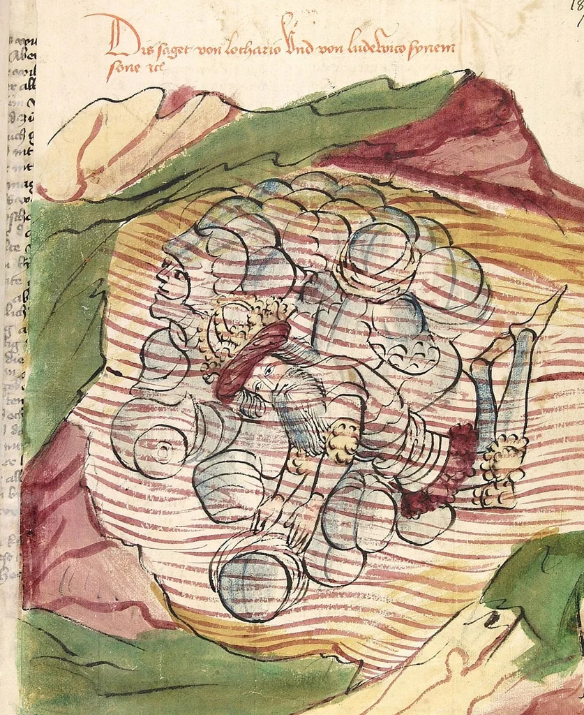 An illustration from Historia septem sapientum, dt. ; Martinus Oppaviensis: Chronicon pontificum et imperatorum, dt., 1450, leaf 387