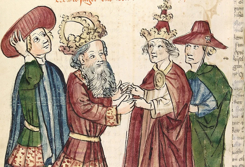 An illustration from Historia septem sapientum, dt. ; Martinus Oppaviensis: Chronicon pontificum et imperatorum, dt., 1450, leaf 398