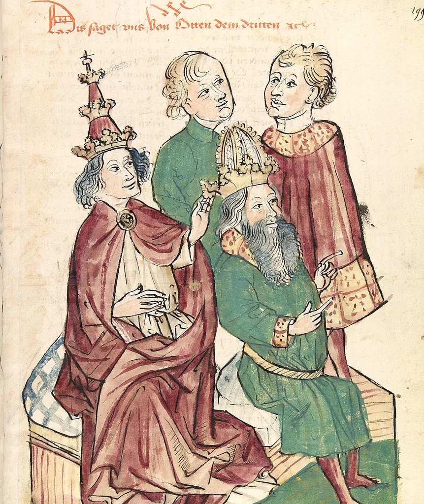 An illustration from Historia septem sapientum, dt. ; Martinus Oppaviensis: Chronicon pontificum et imperatorum, dt., 1450, leaf 403