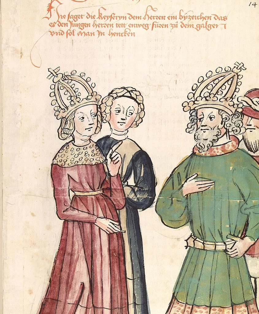 An illustration from Historia septem sapientum, dt. ; Martinus Oppaviensis: Chronicon pontificum et imperatorum, dt., 1450, leaf 41
