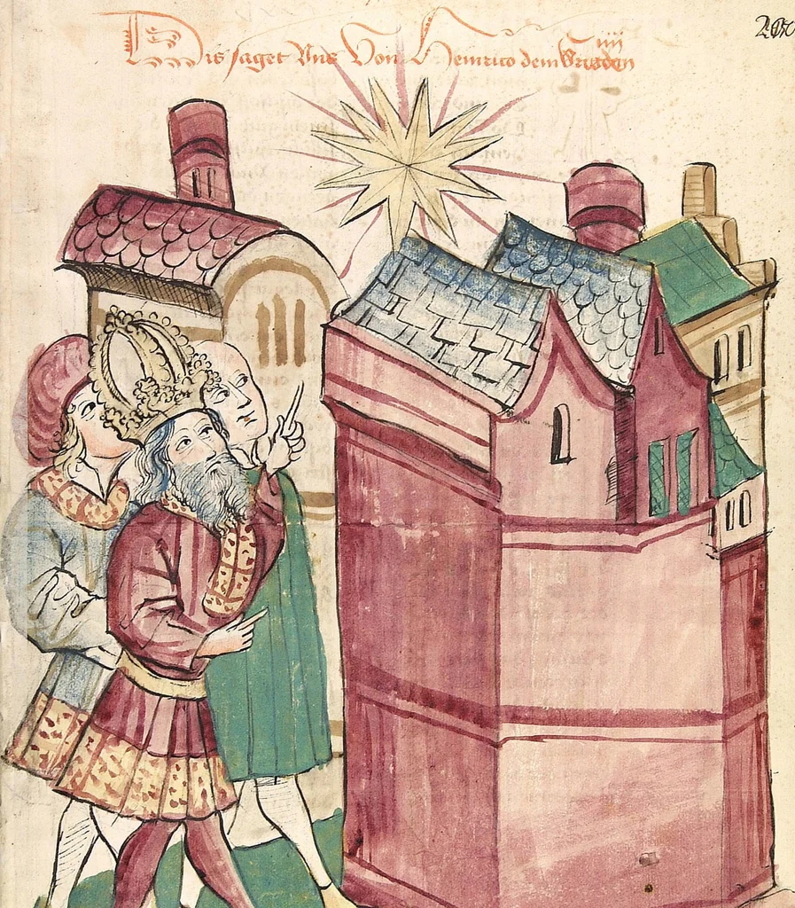 An illustration from Historia septem sapientum, dt. ; Martinus Oppaviensis: Chronicon pontificum et imperatorum, dt., 1450, leaf 413