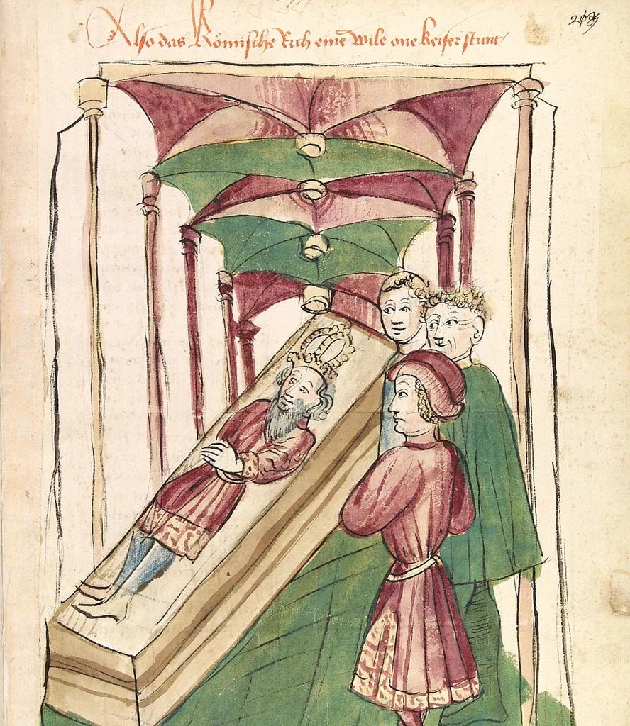 An illustration from Historia septem sapientum, dt. ; Martinus Oppaviensis: Chronicon pontificum et imperatorum, dt., 1450, leaf 439