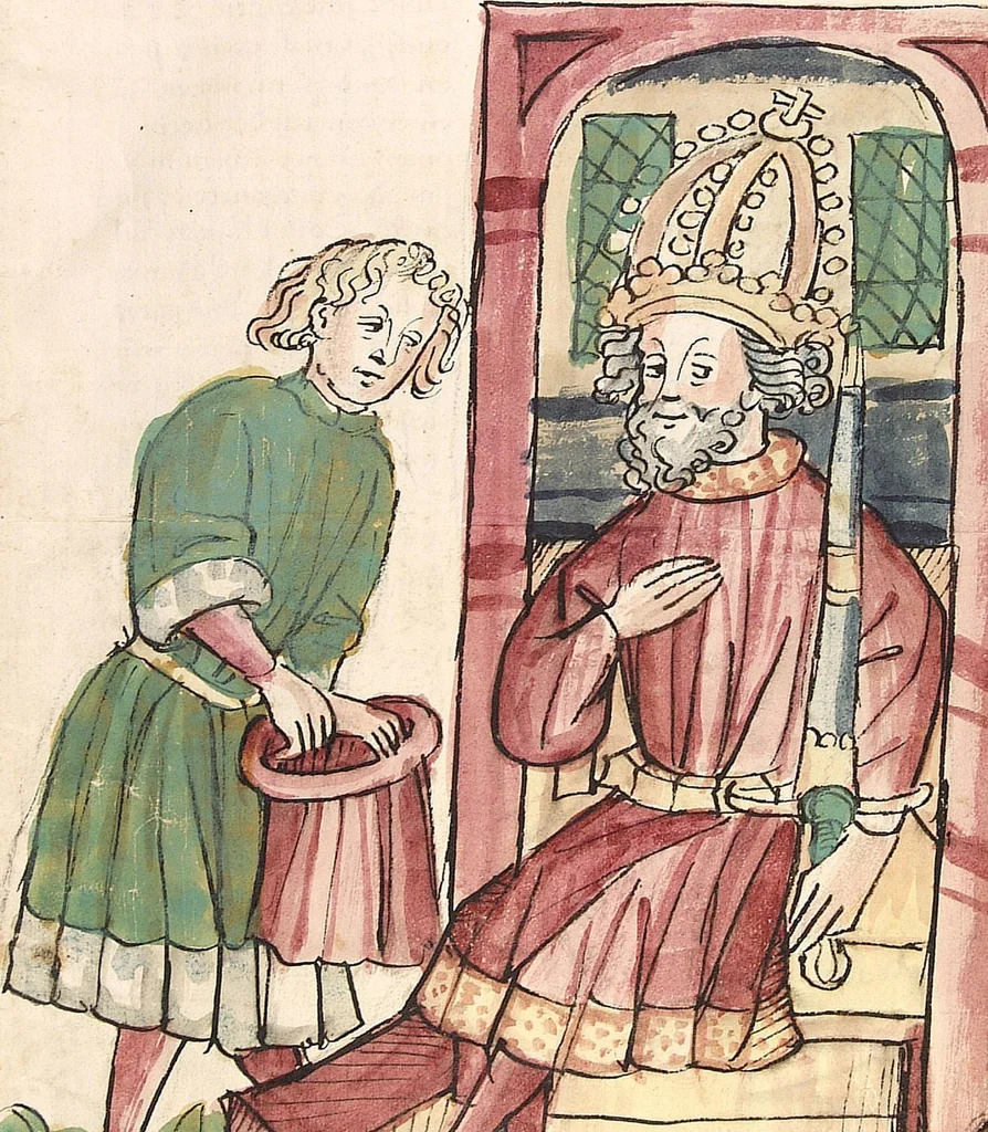 An illustration from Historia septem sapientum, dt. ; Martinus Oppaviensis: Chronicon pontificum et imperatorum, dt., 1450, leaf 45