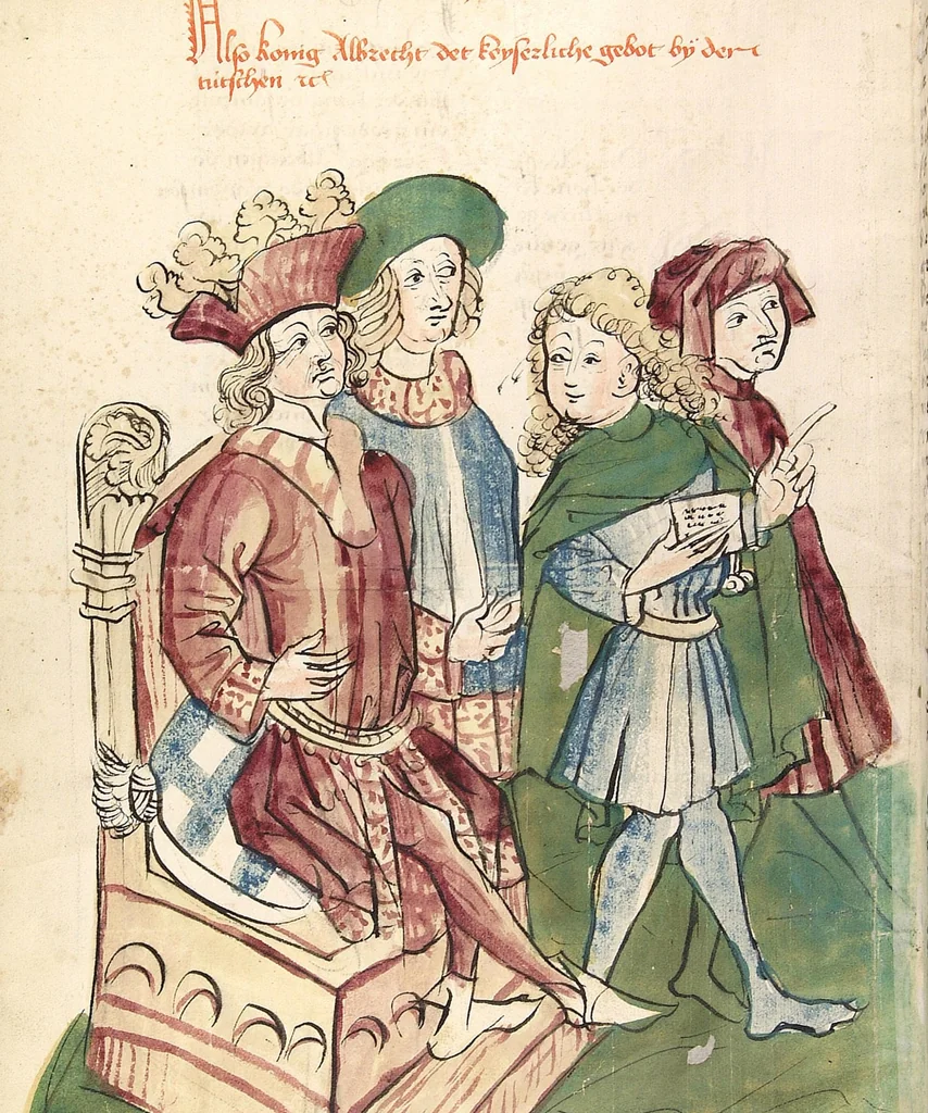 An illustration from Historia septem sapientum, dt. ; Martinus Oppaviensis: Chronicon pontificum et imperatorum, dt., 1450, leaf 454
