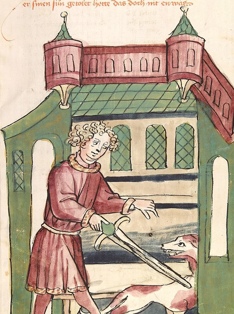 An illustration from Historia septem sapientum, dt. ; Martinus Oppaviensis: Chronicon pontificum et imperatorum, dt., 1450, leaf 49