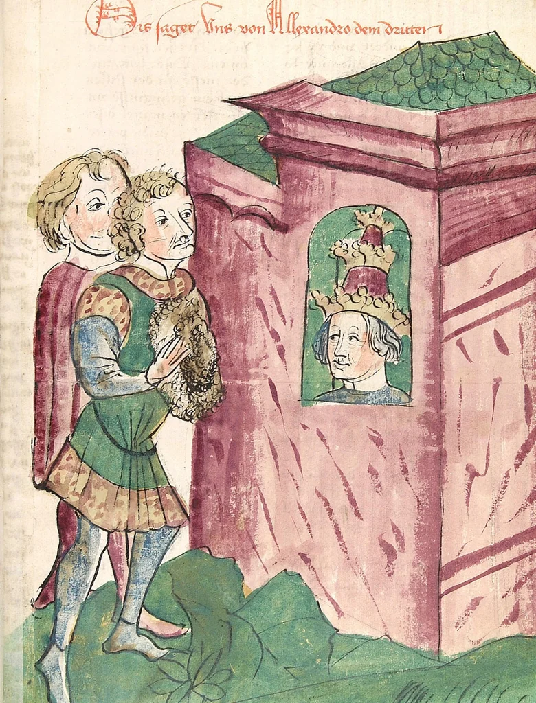 An illustration from Historia septem sapientum, dt. ; Martinus Oppaviensis: Chronicon pontificum et imperatorum, dt., 1450, leaf 533