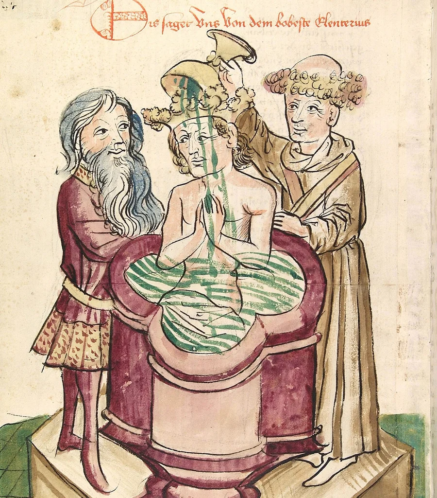 An illustration from Historia septem sapientum, dt. ; Martinus Oppaviensis: Chronicon pontificum et imperatorum, dt., 1450, leaf 542