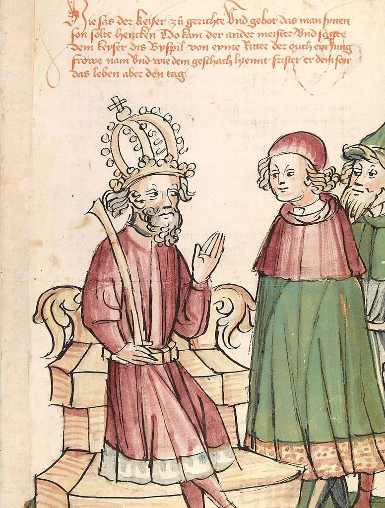 An illustration from Historia septem sapientum, dt. ; Martinus Oppaviensis: Chronicon pontificum et imperatorum, dt., 1450, leaf 55
