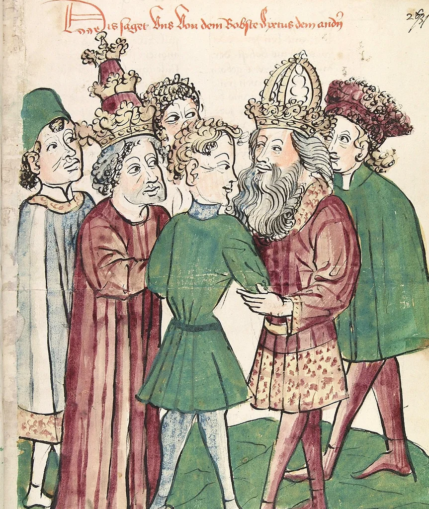An illustration from Historia septem sapientum, dt. ; Martinus Oppaviensis: Chronicon pontificum et imperatorum, dt., 1450, leaf 553