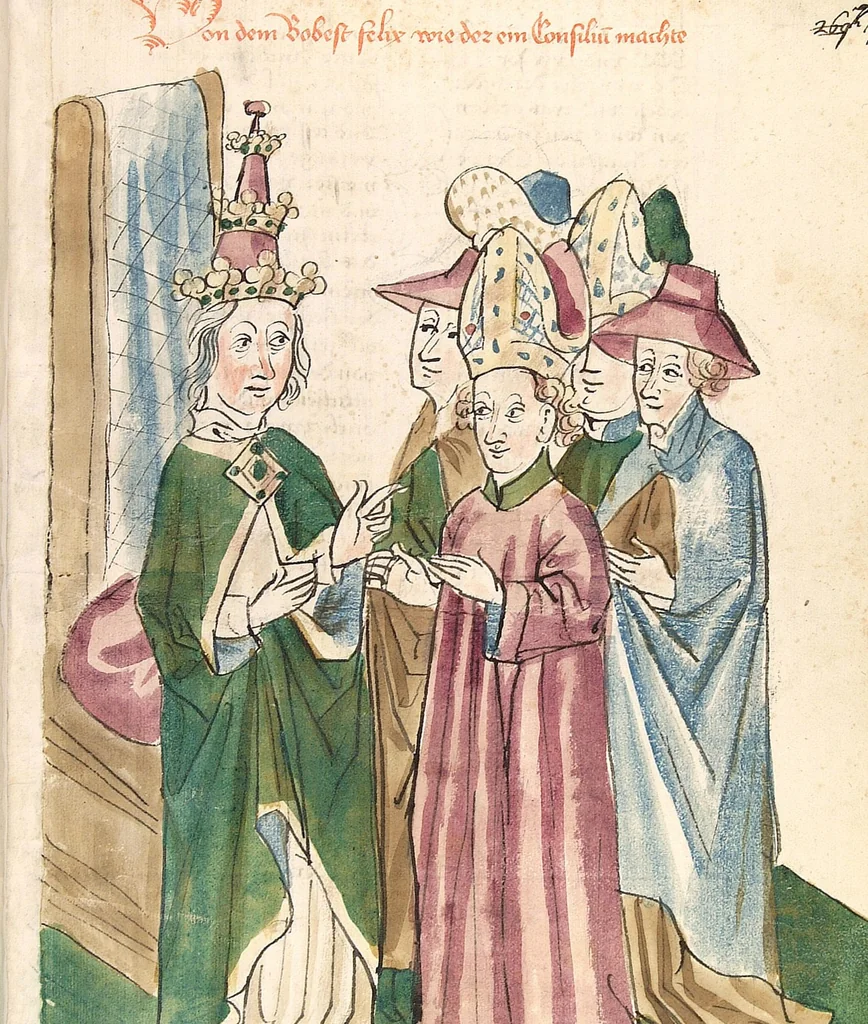 An illustration from Historia septem sapientum, dt. ; Martinus Oppaviensis: Chronicon pontificum et imperatorum, dt., 1450, leaf 565