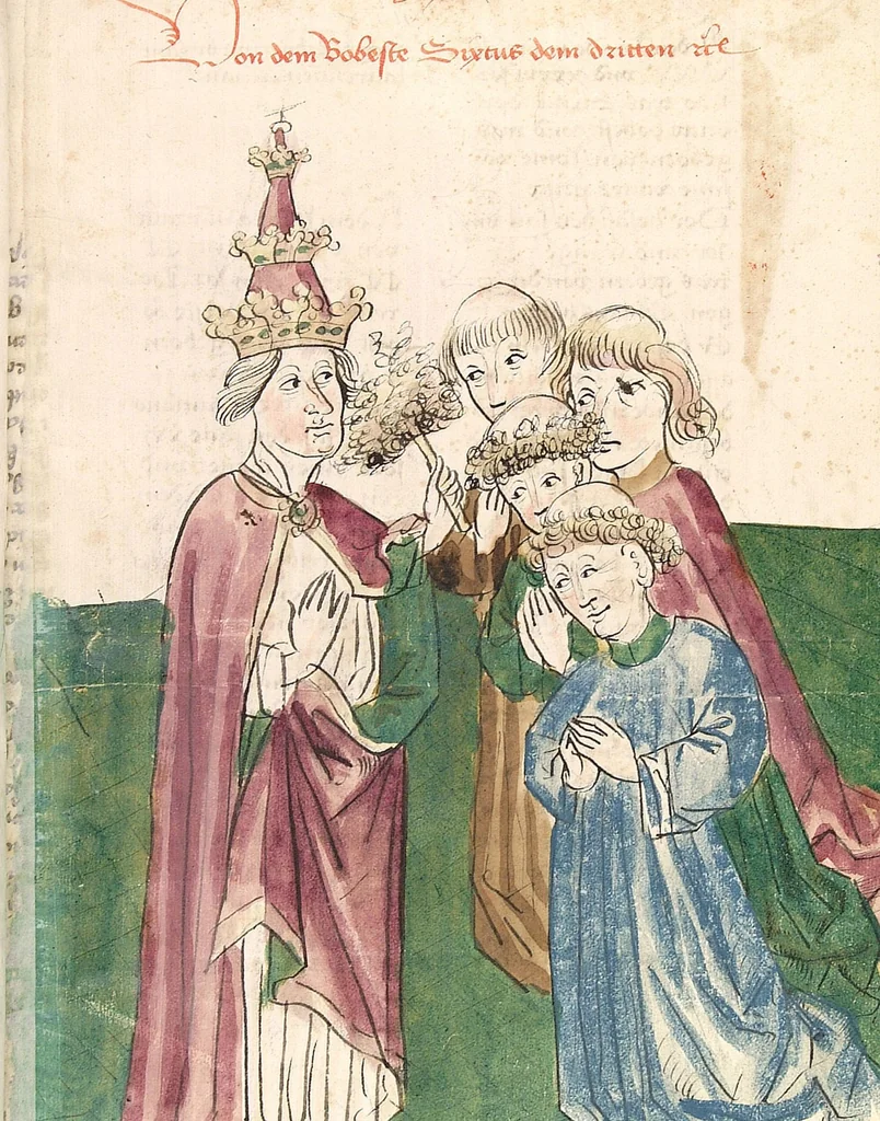 An illustration from Historia septem sapientum, dt. ; Martinus Oppaviensis: Chronicon pontificum et imperatorum, dt., 1450, leaf 573