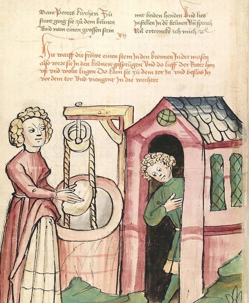 An illustration from Historia septem sapientum, dt. ; Martinus Oppaviensis: Chronicon pontificum et imperatorum, dt., 1450, leaf 58