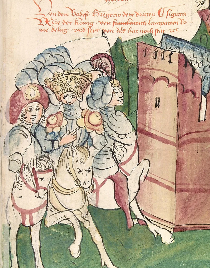 An illustration from Historia septem sapientum, dt. ; Martinus Oppaviensis: Chronicon pontificum et imperatorum, dt., 1450, leaf 607