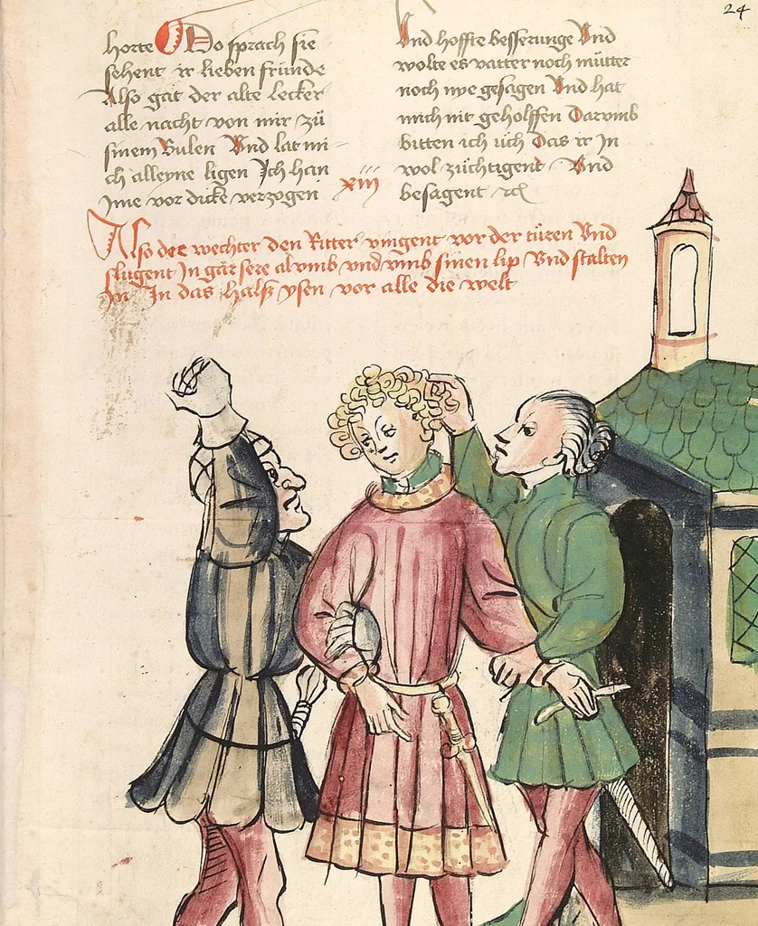 An illustration from Historia septem sapientum, dt. ; Martinus Oppaviensis: Chronicon pontificum et imperatorum, dt., 1450, leaf 61