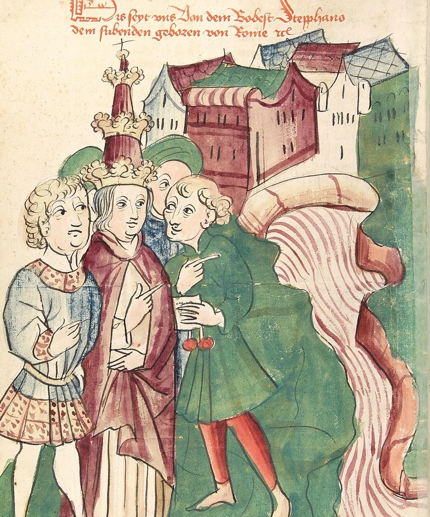 An illustration from Historia septem sapientum, dt. ; Martinus Oppaviensis: Chronicon pontificum et imperatorum, dt., 1450, leaf 634