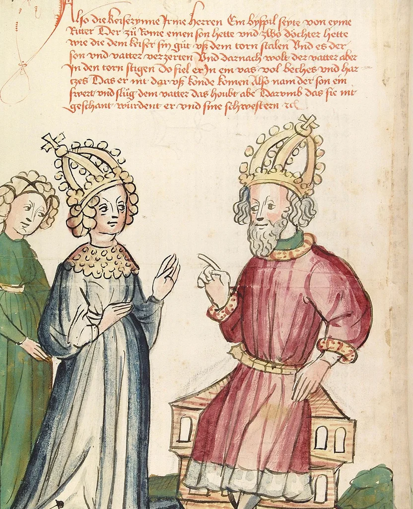 An illustration from Historia septem sapientum, dt. ; Martinus Oppaviensis: Chronicon pontificum et imperatorum, dt., 1450, leaf 64